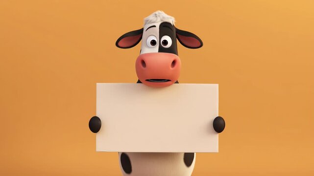 Cute cartoon cow character holding a blank sign isolated on orange background animating for kids education and branding purposes