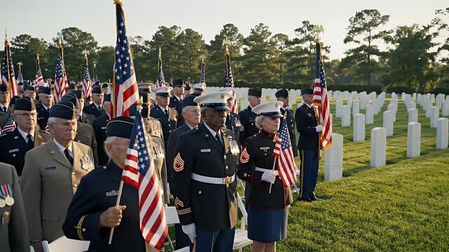 Veterans Holding Flags at Remembrance Ceremony - A solemn scene depicts a large group of senior military veterans standing at attention in a cemetery.