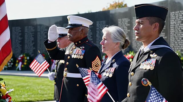 Military Veterans Honor Remembrance - A group of senior military veterans wearing uniforms stand solemnly, holding small American flags during a national remembrance ceremony.