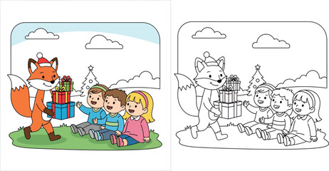 Fototapeta premium Cute cartoon fox in Santa hat delivering gift boxes to three happy kids sitting on grass