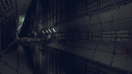 Fototapeta premium narrow submarine bulkhead corridor with riveted panels, dim porthole glow, maintenance ladder and sealed hatch indicating naval engineering environment