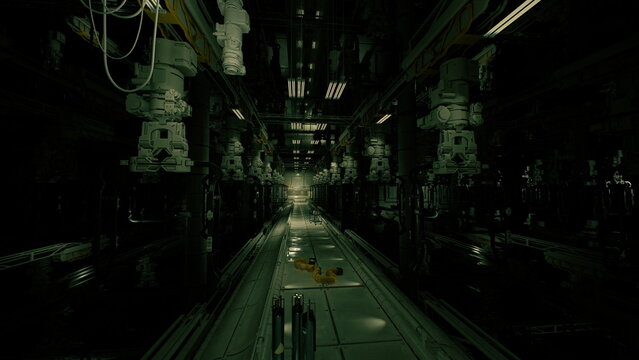 dilapidated ship corridor with oil stains, low green ambient lighting reveals massive engine housings and hanging pipes, floor panels warped and scattered