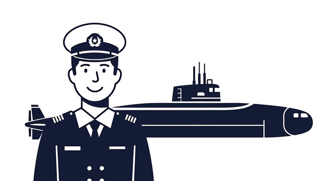 Navy Officer Standing with Submarine Illustration. Vector Illustrations. EPS Editable