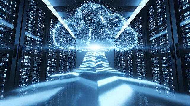 Cloud Computing Data Servers - This video shows rows of server racks connected to a digital cloud formation. Data is transmitted via upwards arrows, indicating cloud computing processes.