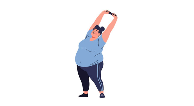 Overweight Woman Stretching Her Body in Workout Clothes. Vector Illustrations. EPS Editable