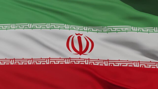 The national flag of Iran with green, white, and red horizontal bands, central red emblem, and Kufic script borders.