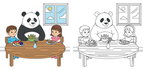 Cute cartoon children having lunch with a giant panda at a round wooden table. Happy boy and girl eating fruit © MstSangita
