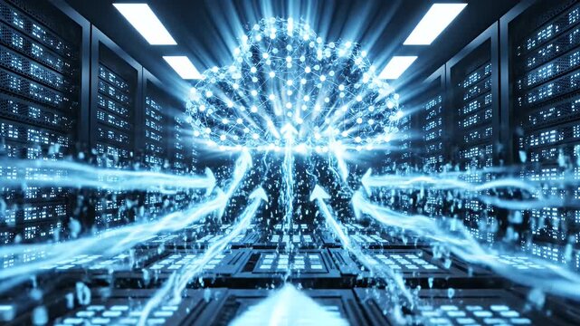 Cloud Computing Data Servers - Digital animation of servers in a data center connected to a cloud, with upward arrows indicating data transmission.