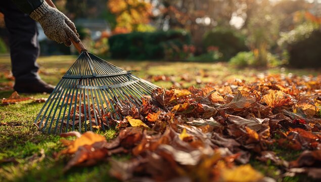 Person Raking Autumn Leaves in a Lush Green Garden.