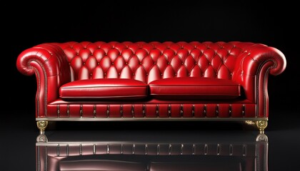red leather chester sofa on reflective black background 3d rendering