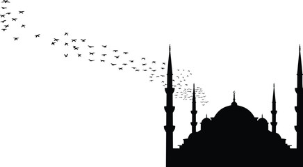 Mosque silhouette with flying birds, Islamic Ramadan Kareem background design, black and white religious flat vector illustration