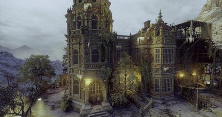 Dramatic gothic castle bathed in dusk, paranormal investigator exploring shadowed halls, lanterns casting narrow beams across cracked stone, battlements © icetray