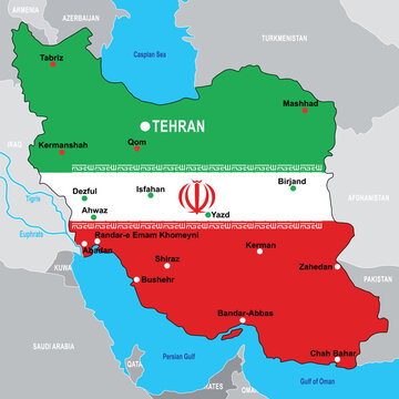 Iran Political Map with capital Tehran, national borders, most important cities, rivers and lakes. The Iranian Flag Colors are superposed on the Map Shape. Vector Illustration 