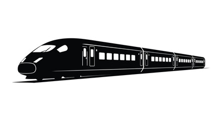 A sleek modern high speed train is depicted in a striking black form against a white background silhouette high quality professional detailed © GDSneha02