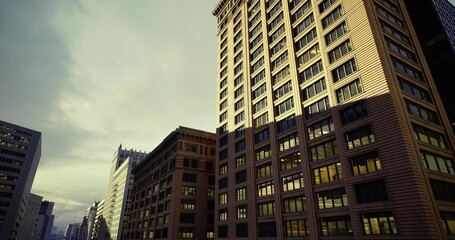 Dramatic historic tower bathed in dusk, investor surveys brick elevations, window rows and rooftop profile to assess renovation potential and portfolio value. © icetray