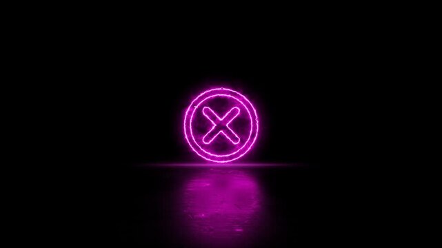 Neon cross on circle video animation on reflection black screen. wrong sign animation.Cross animation on black background. 4K animation of ban cross icon sign in circle.