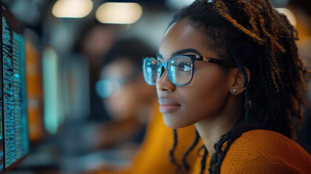 Young woman looks at camera while working on computer in a tech space