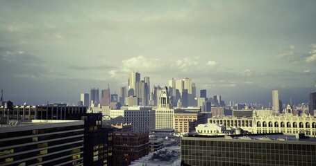 sunlit midcentury skyline with ornate rooftops and modern towers, historian viewpoint connecting architectural eras, bright clear sky and long shadows highlight © icetray