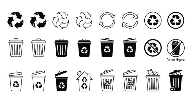 recycling and waste management icon set, recycle bin trash symbols vector