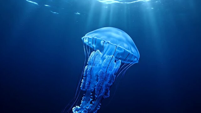 Blue Jellyfish in Deep Ocean - A translucent blue jellyfish swims in the deep ocean, its long tentacles trailing behind it. Sunlight filters down from the surface, illuminating the creature.