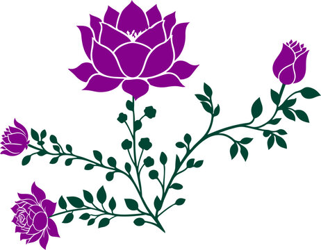 Purple flower with leaves decorative botanical floral illustration isolated on white