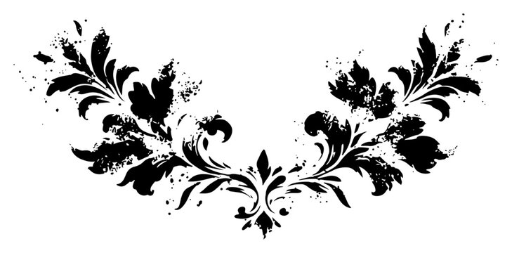Vintage symmetrical floral ornament with decorative foliage and grunge ink splatters
