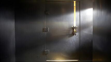 impregnable. A massive steel vault door with a narrow slit of light escaping from the seam in a dark room. real-estate listings. 