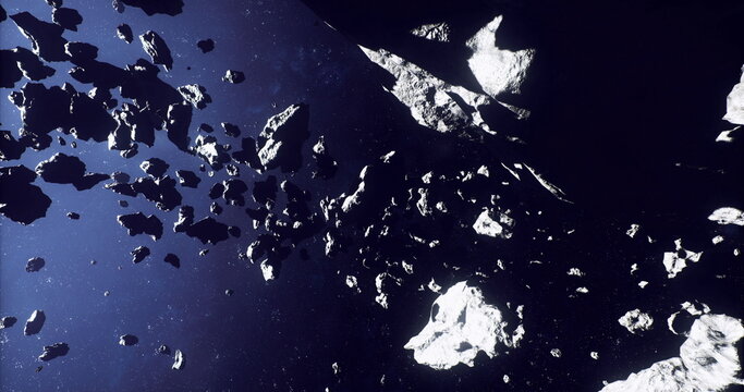 Scattered asteroid silhouettes creating abstract composition against starry void, high contrast shapes and negative space evoke surreal cosmic art, textured