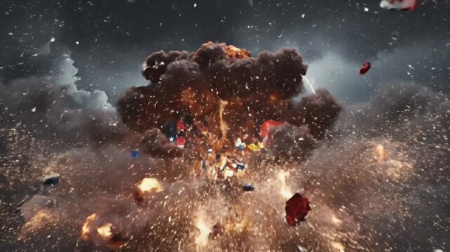 USA vs China Clash Explosion - A dynamic video shows a symbolic clash between the USA and China represented by an explosion, with fragments of red, white, and blue scattered against a dramatic,