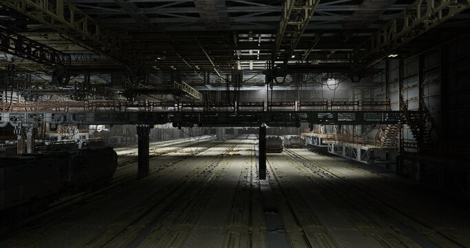 Deserted railway station infrastructure, Inactive industrial railway with weathered structures, Silent rail yard showing signs of old age and neglect