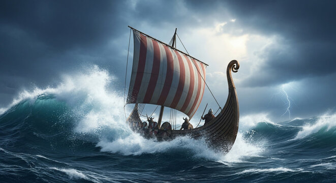 Viking Ship Battling Stormy Seas: A majestic Viking ship sails courageously through treacherous, storm-tossed seas, its sails billowing against the backdrop of a dramatic, lightning-filled sky.