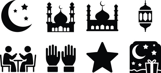 Obraz premium Ramadan Eid Islamic icon collection, crescent moon mosque lantern prayer family star gift black silhouette flat vector illustration