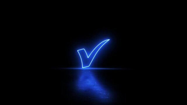 Neon check mark icon video animation on reflection black background. Approval and success symbol video animation. Tick mark select right correct confirm complete icon. Neon right sign animation