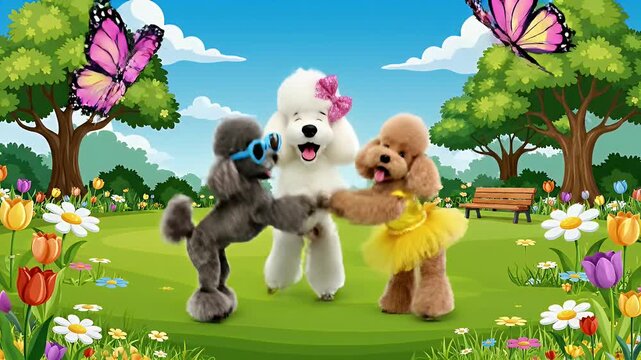 Cartoon Dogs Dancing in the Park - This video shows three cartoon poodle dogs dancing in a vibrant park.