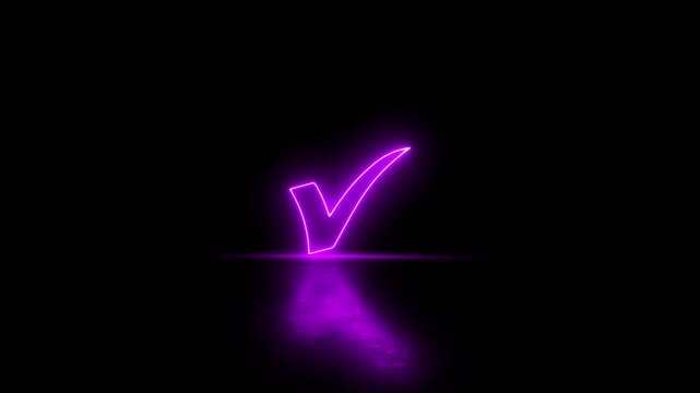 Neon check mark icon video animation on reflection black background. Approval and success symbol video animation. Tick mark select right correct confirm complete icon. Neon right sign animation