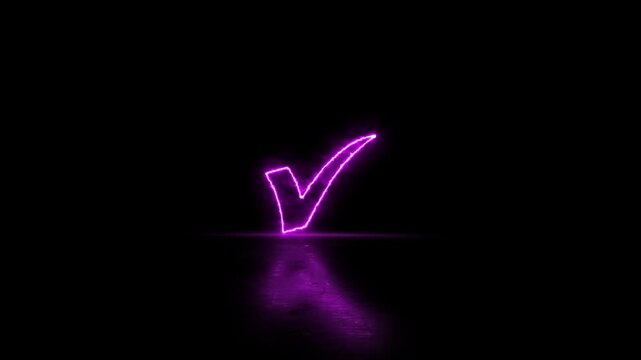 Neon check mark icon video animation on reflection black background. Approval and success symbol video animation. Tick mark select right correct confirm complete icon. Neon right sign animation