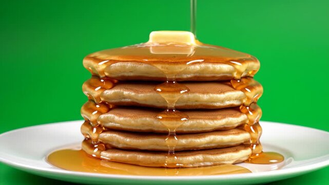 Slow motion golden syrup pouring on fluffy pancake stack 4k cinematic video footage