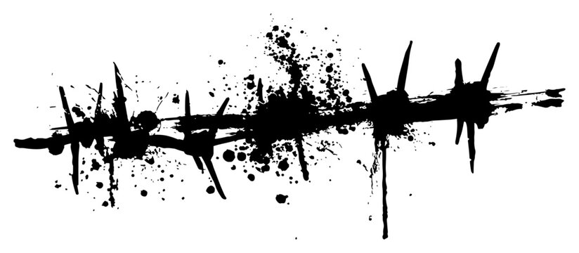 Abstract barbed wire illustration featuring massive ink splatters and distressed grunge textures