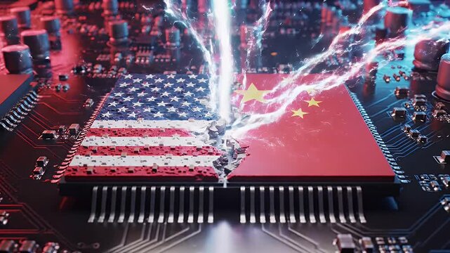 USA vs China Trade Tension Microchip - A high-angle conceptual shot showing a split microchip sporting the American and Chinese flags, symbolizing trade tensions.