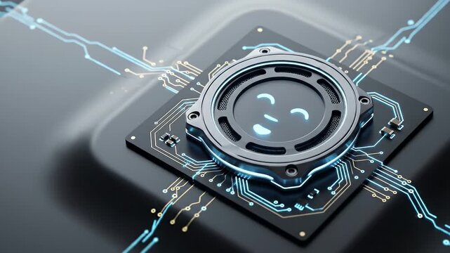 Friendly circular speaker electronic circuit board with glowing blue smile icon modern smart audio device showcasing technology and connection sleek metallic finish and ambient lighting smiling