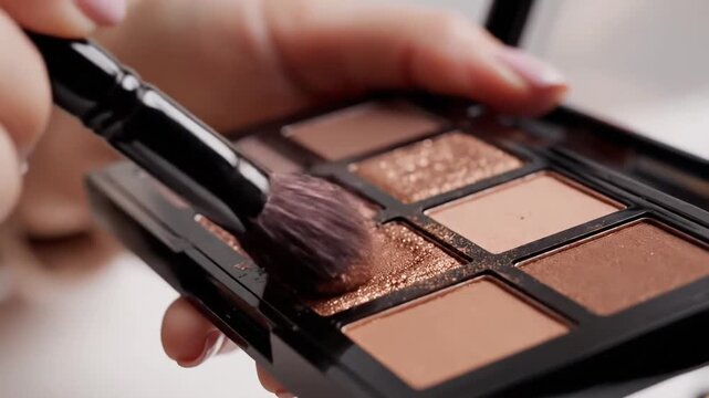 Closeup of a makeup brush picking up shimmering bronze eyeshadow from a palette showcasing beauty and cosmetic application for makeup artistry and personal grooming.