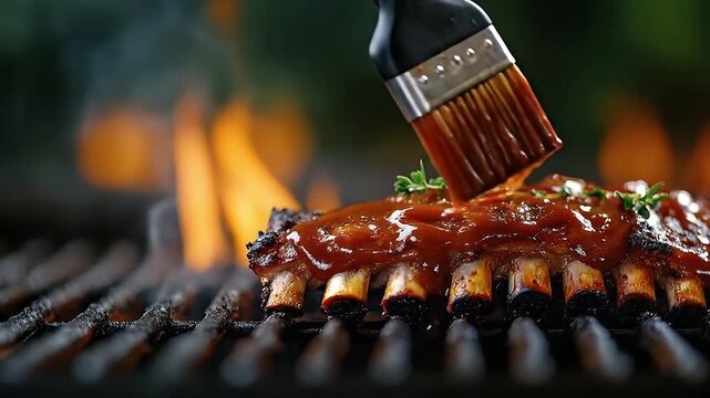 Smoky grilled pork rib brushed with glossy barbecue sauce over hot flame and charred grill marks, glazed pork rib grill with smoke, brush applied sauce and fresh herbs creating savory mouthwatering