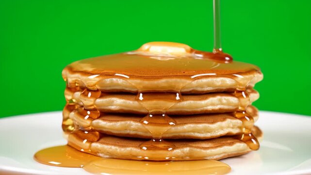 Slow motion golden syrup pouring on fluffy pancake stack 4k cinematic footage