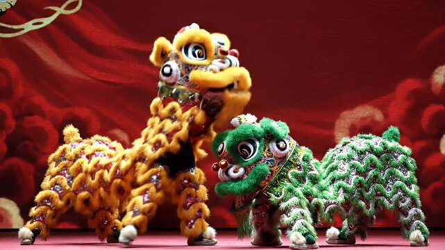 Traditional Lion Dance Performance - Two vibrant and colorful lion dance costumes, one yellow and one green, are displayed on a red abstract background.