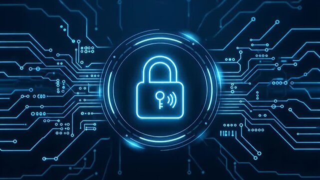 Secure digital lock icon glowing neon blue circuit board pattern conveying cybersecurity protection and encrypted network safety + digital padlock icon with key and signal inside glowing circular