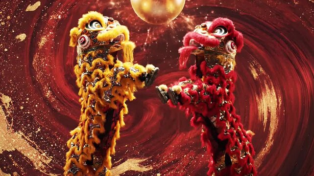 Chinese New Year Lion Dance Performance - Two traditional Southern Chinese lions, one yellow and one red, perform a lion dance.