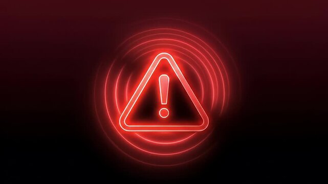 Red neon warning triangle with exclamation mark glowing hazard danger alert sign radiating rings illuminated circle graphic icon urgent caution emergency neon red warning alert triangle exclamation