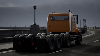 A bright yellow truck stands still on an empty road, surrounded by ominous clouds and a gray backdrop. The scene conveys a sense of solitude in an industrial landscape. © icetray