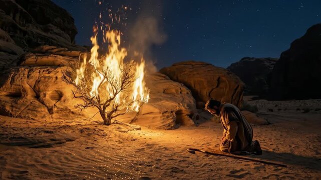 Man on his knees before a burning bush at night. Desert religious encounter, spiritual revelation and biblical narrative concept.
