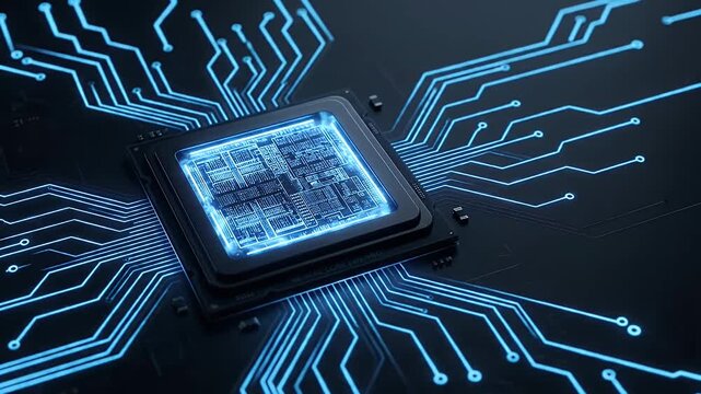 Glowing microchip circuit board with neon blue traces radiating connectivity and futuristic technology energy, detailed electronic processor closeup showing intricate circuitry and modern design